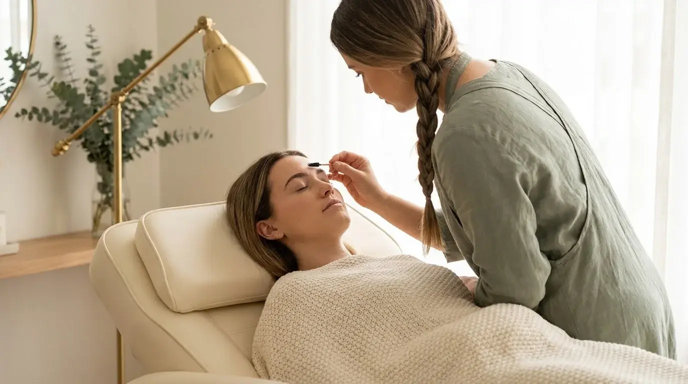 Brow artist brushing a relaxed client’s brows into shape