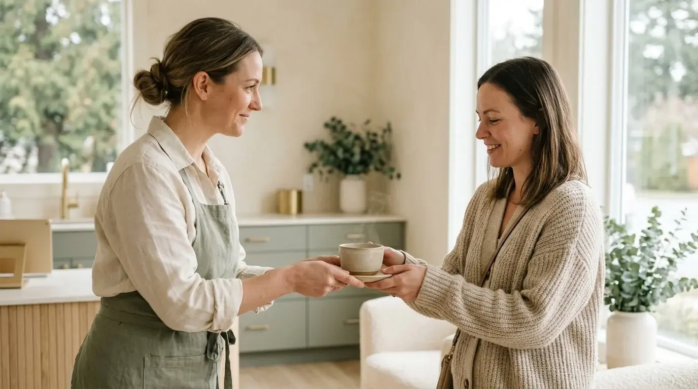 First-time client welcomed into the studio with tea