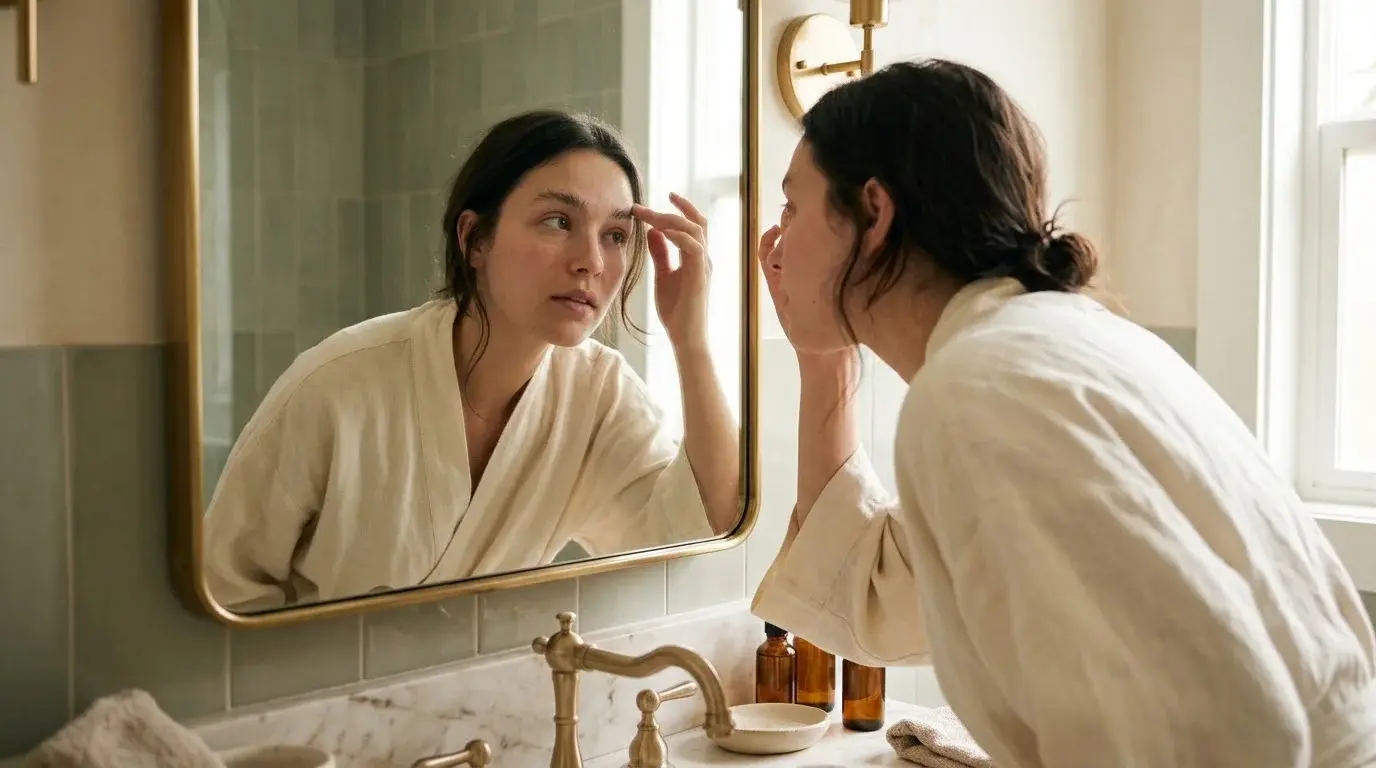 Woman checking her natural brows in the mirror