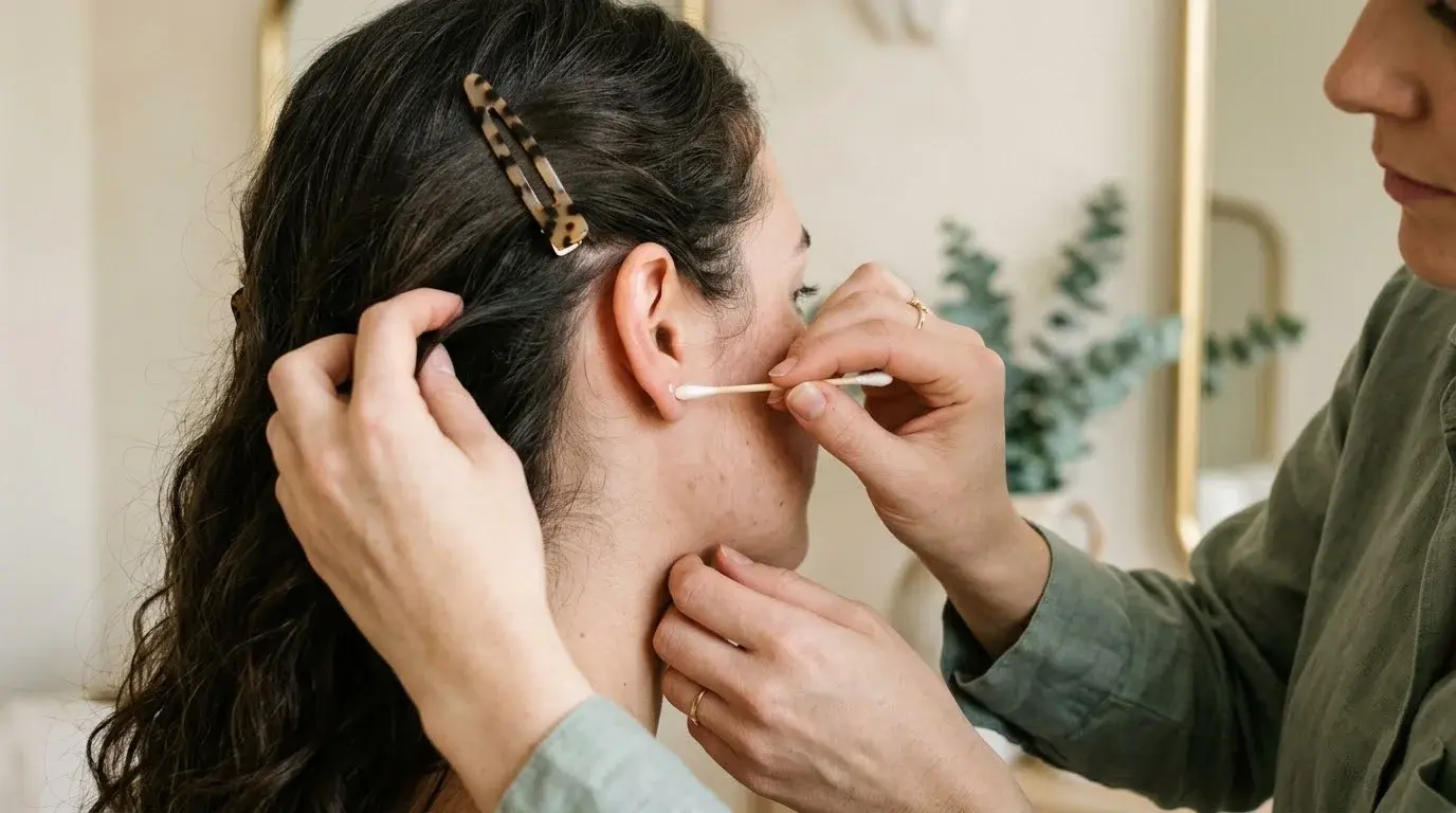 Patch test applied behind the ear before a brow treatment