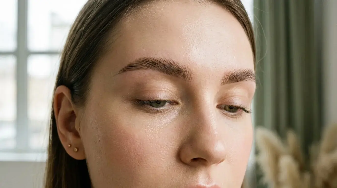 Close-up of softly laminated, brushed-up brows