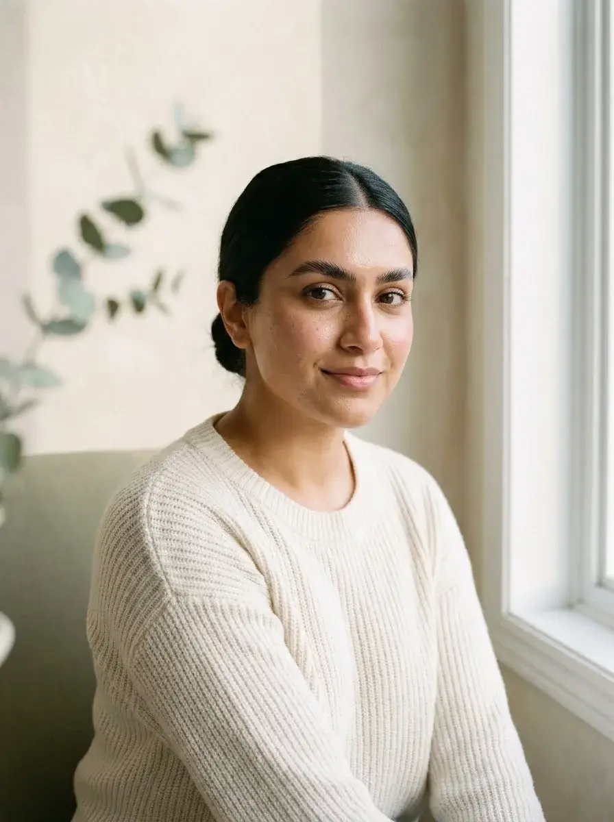 Woman with full, groomed laminated brows smiling softly
