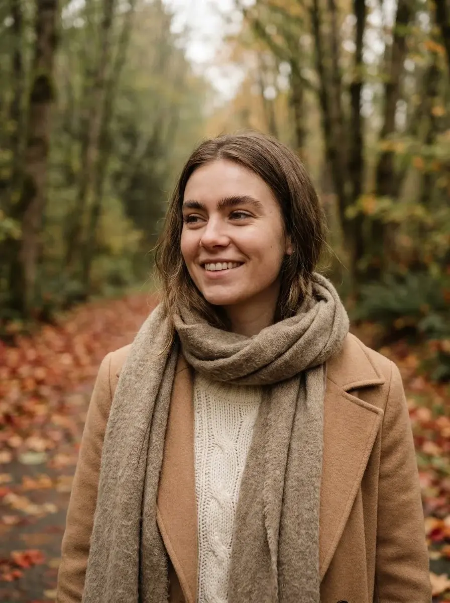 Woman walking under autumn maples in a Fraser Valley park