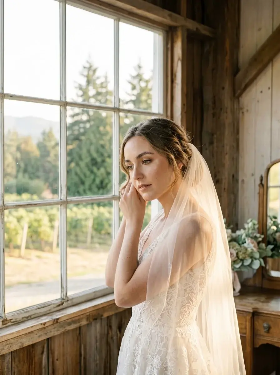 Bride getting ready by a window at a rustic venue near Fort Langley