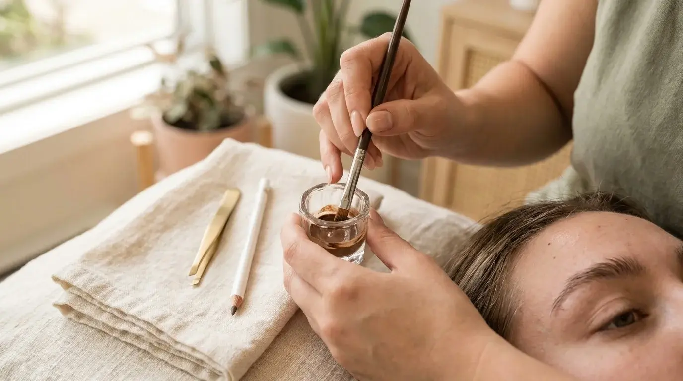 Brow artist mixing a custom brown brow tint