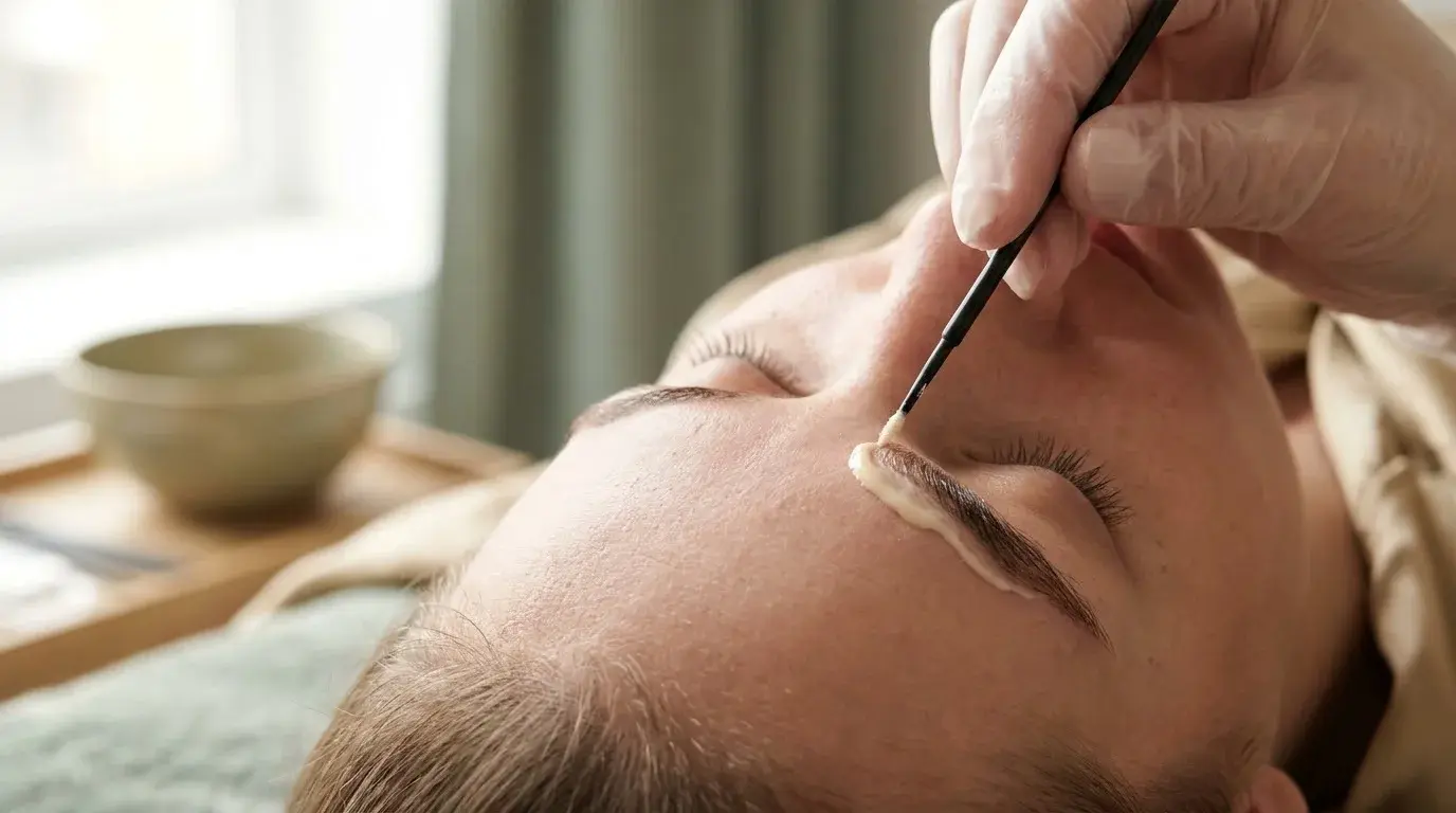 Lifting cream brushed through brow hairs