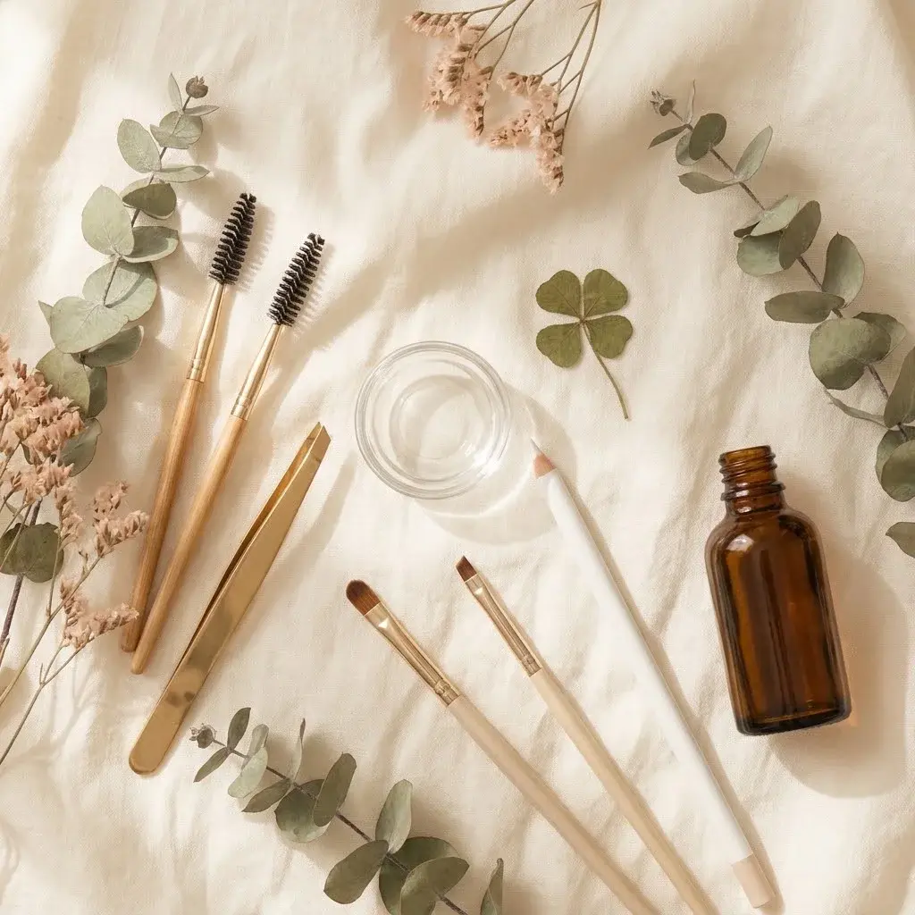 Brow tools on linen: spoolies, tweezers, tint dish and brow oil