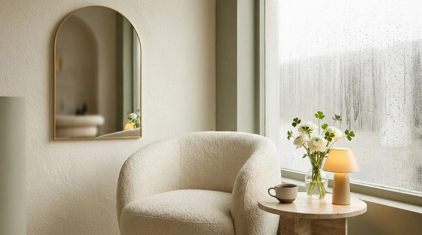 Boutique studio reception corner with flowers and a cup of tea